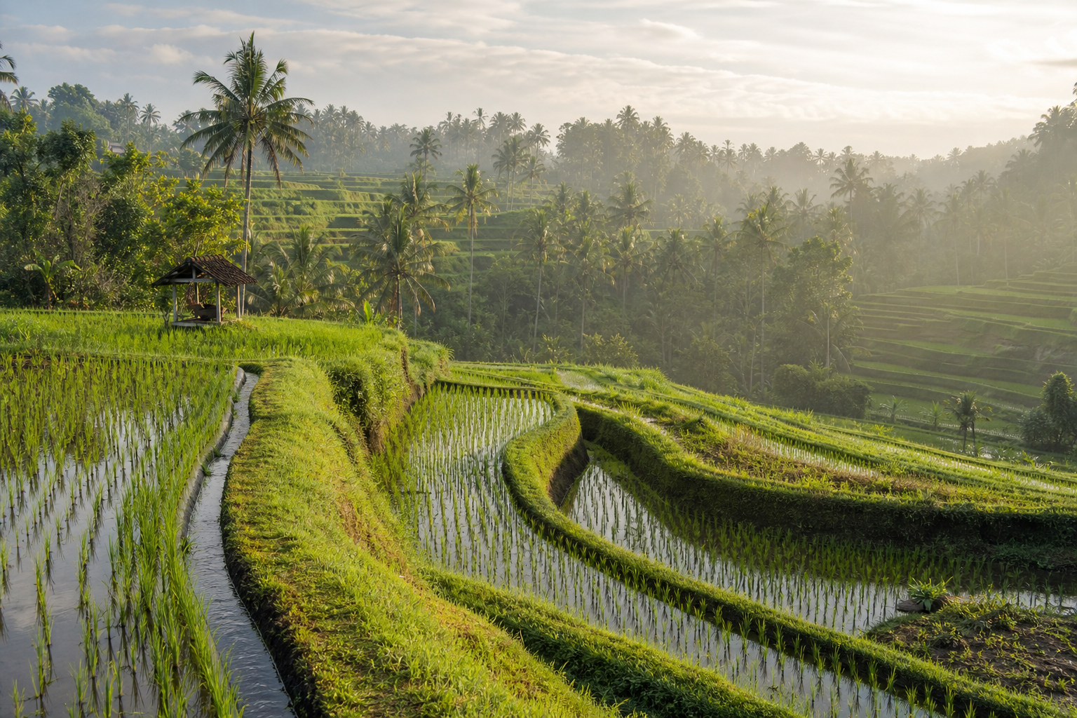 Green rice terraces catching the morning light in Bali