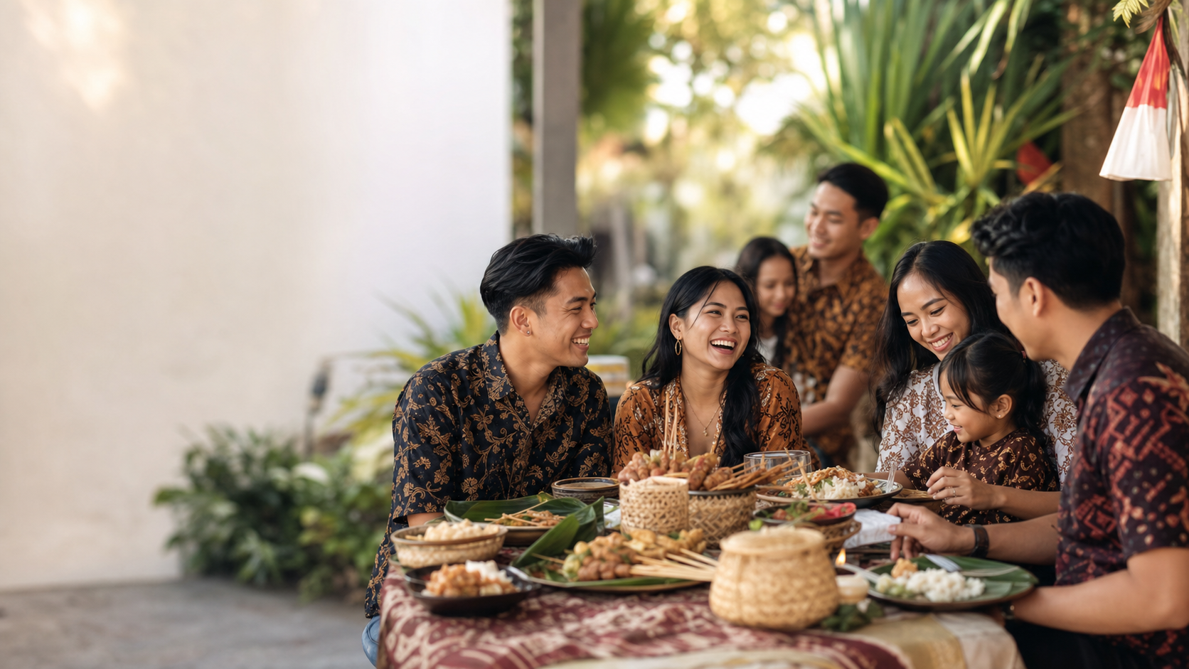 Indonesian friends and family sharing a meal outdoors