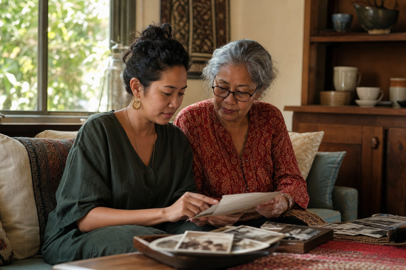 Family members sharing Indonesian memories through photographs