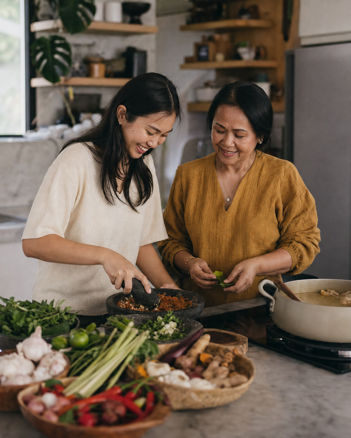 An Indonesian mother teaching her adult daughter to prepare a family recipe