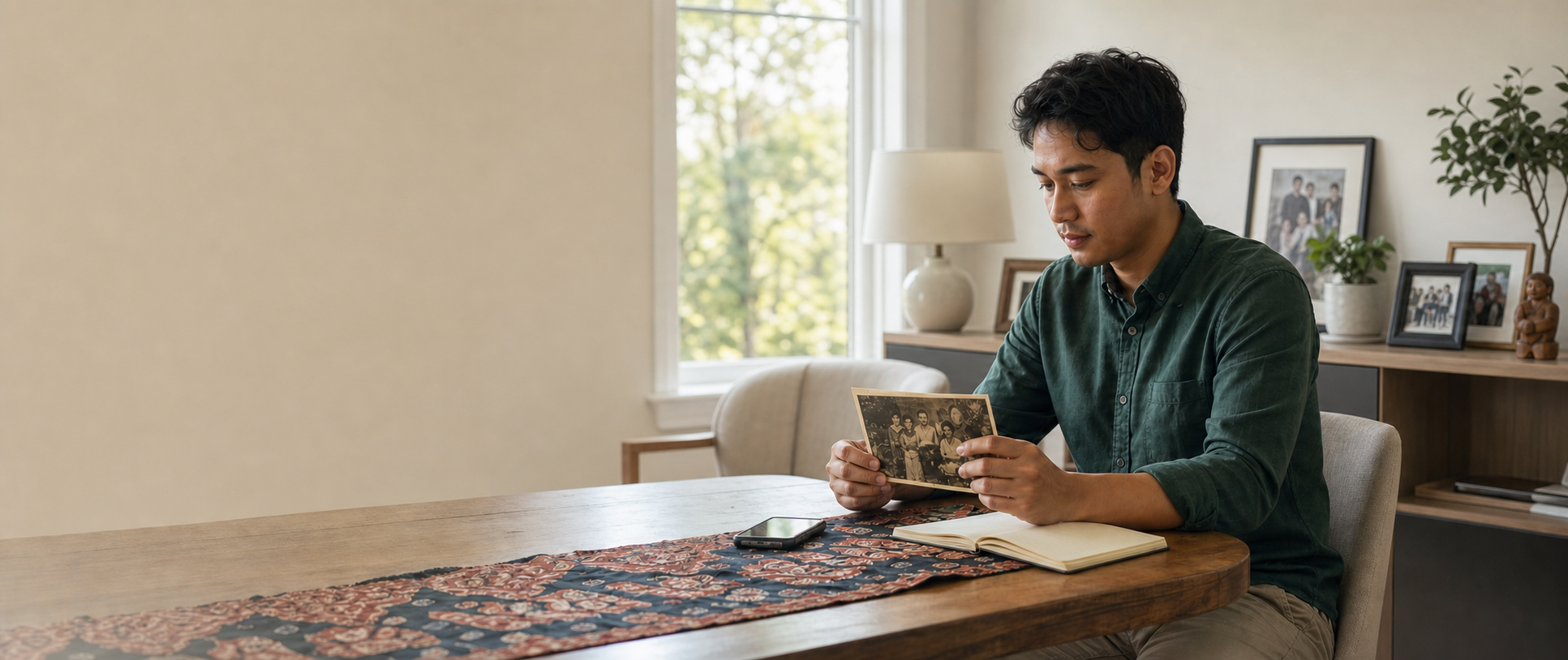 A young adult exploring their Indonesian roots through family photographs and personal notes